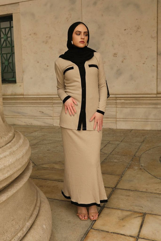 Bella Matching Ribbed Top & Skirt Set - Stone Oat