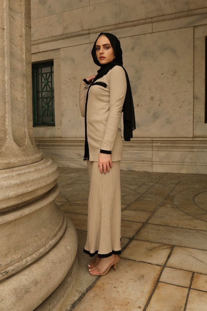 Bella Matching Ribbed Top & Skirt Set - Stone Oat