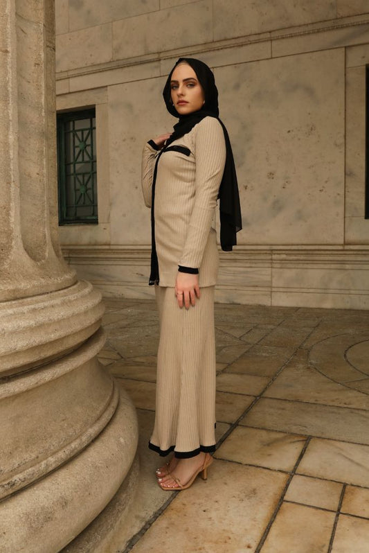 Bella Matching Ribbed Top & Skirt Set - Stone Oat