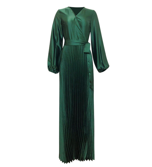 Ayla Pleated Satin Gown - Emerald