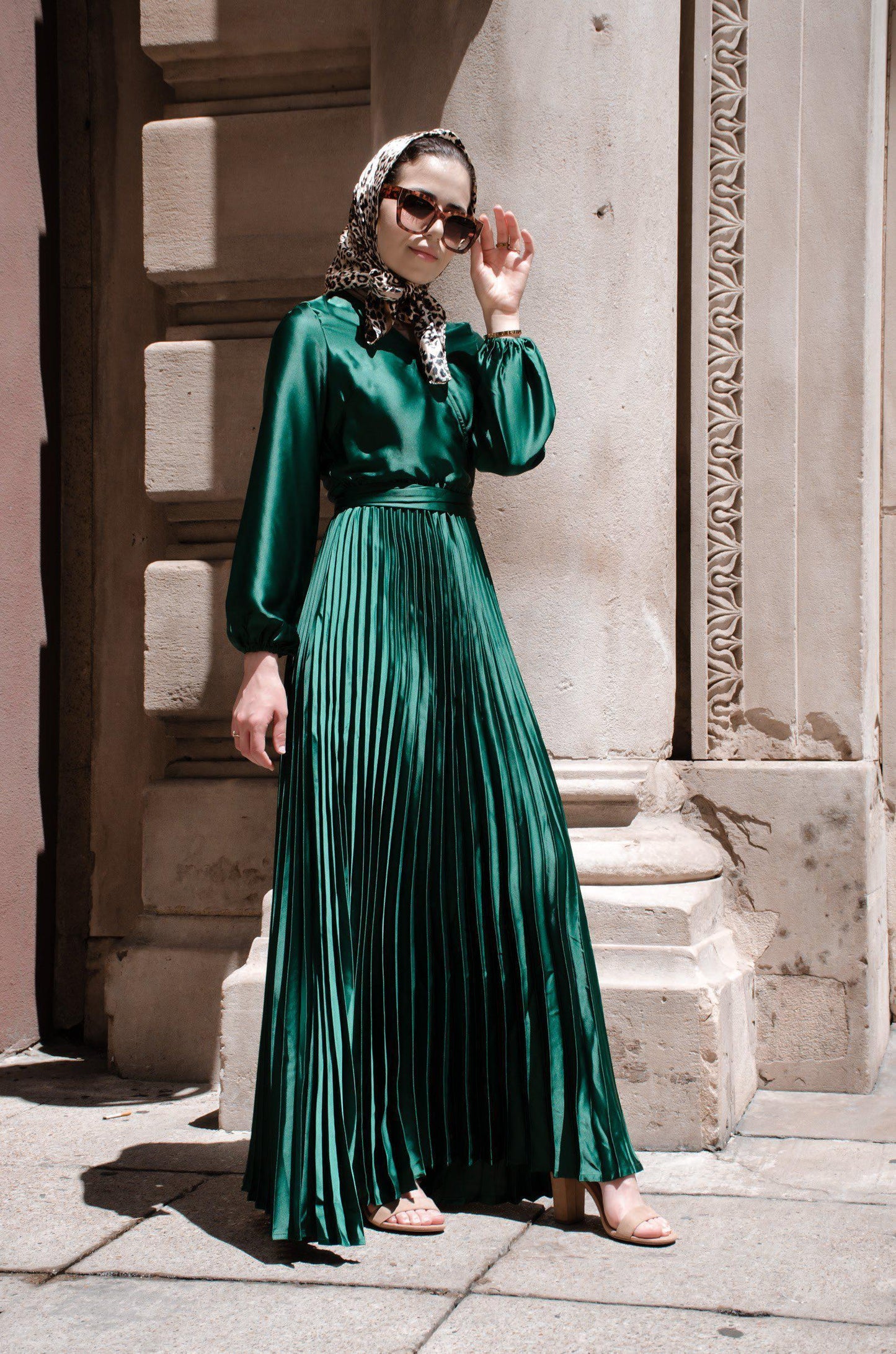 Ayla Pleated Satin Gown - Emerald