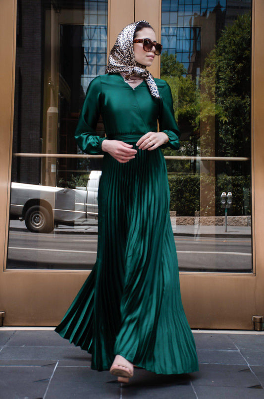 Ayla Pleated Satin Gown - Emerald