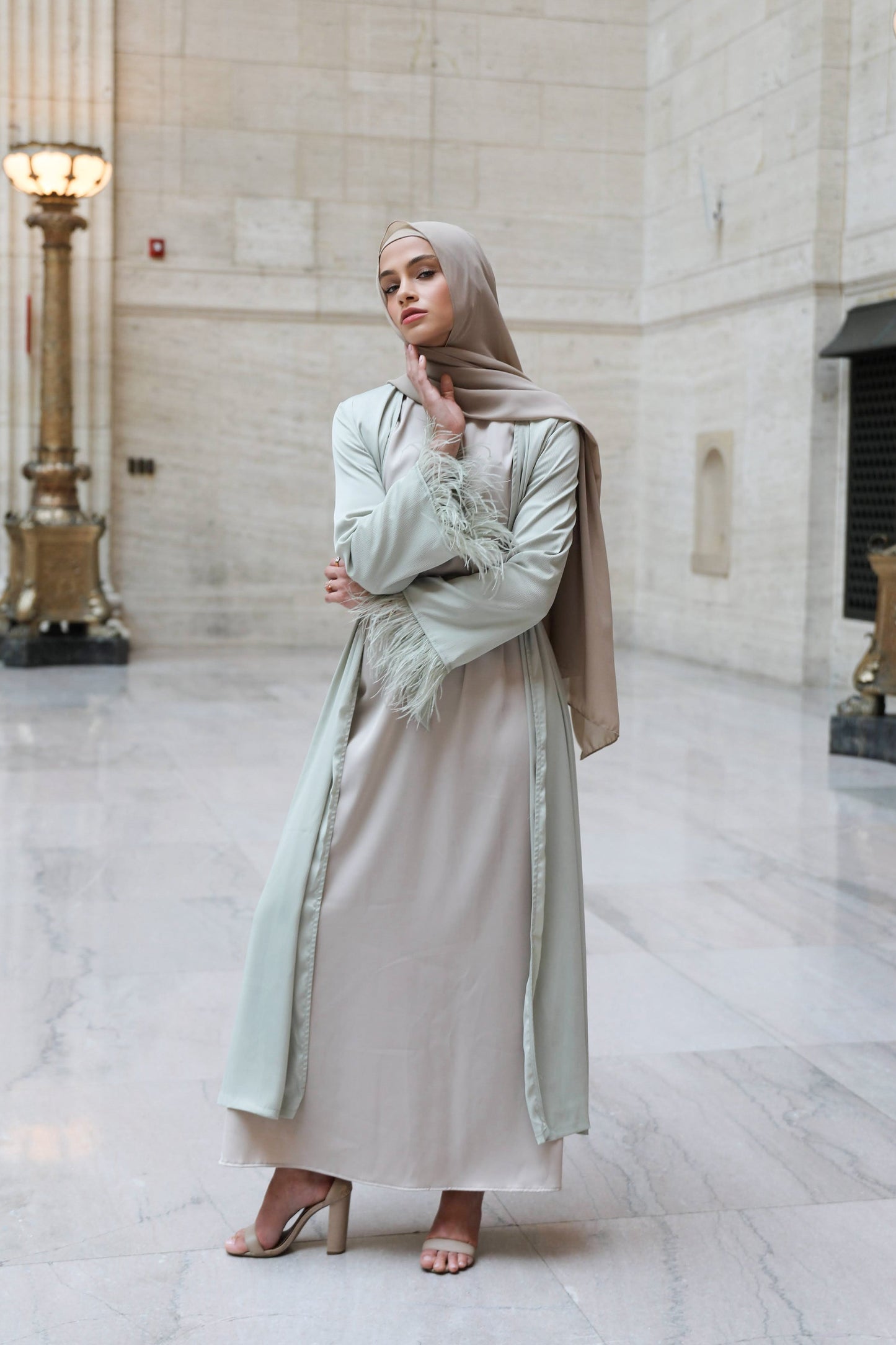 Sofiya Feather Kimono Abaya - Pastel Mint