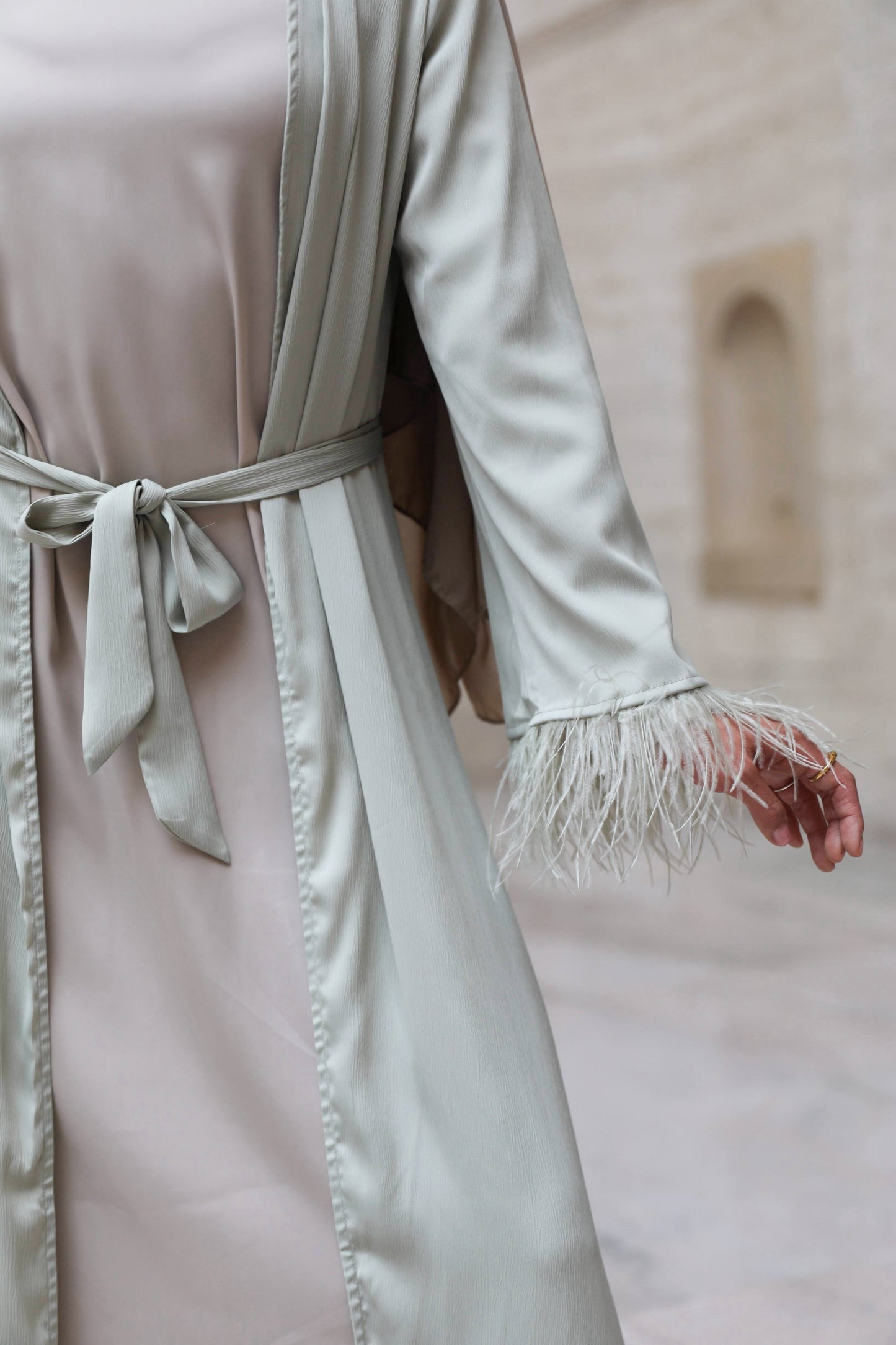 Sofiya Feather Kimono Abaya - Pastel Mint