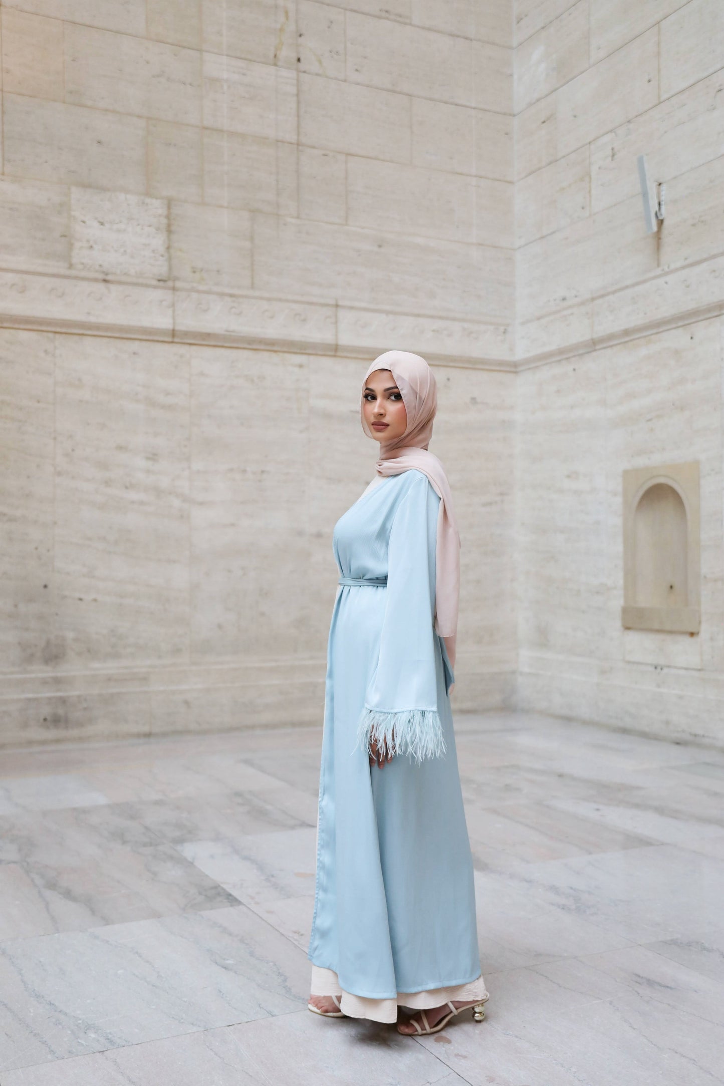 Sofiya Feather Kimono Abaya - Pastel Blue