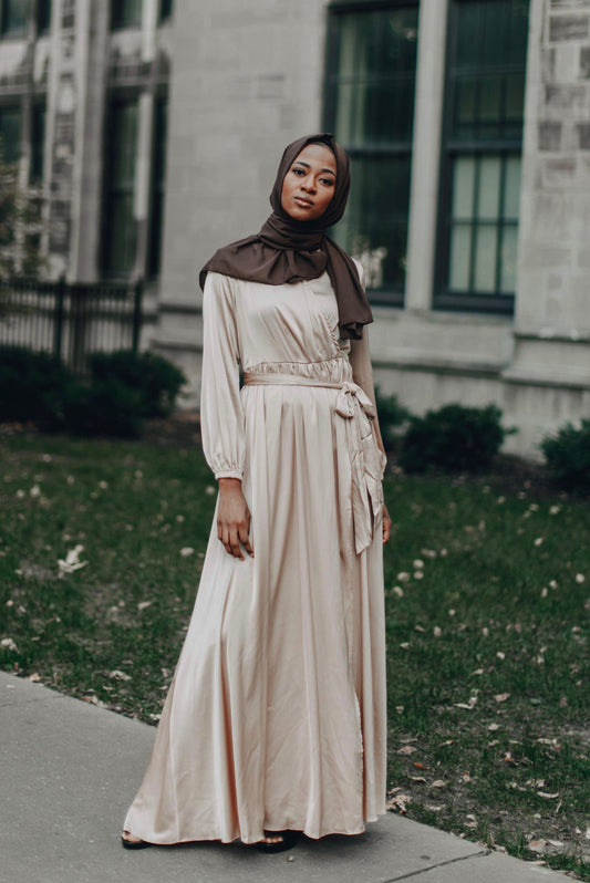 Modest Satin Dress - Gold Champagne