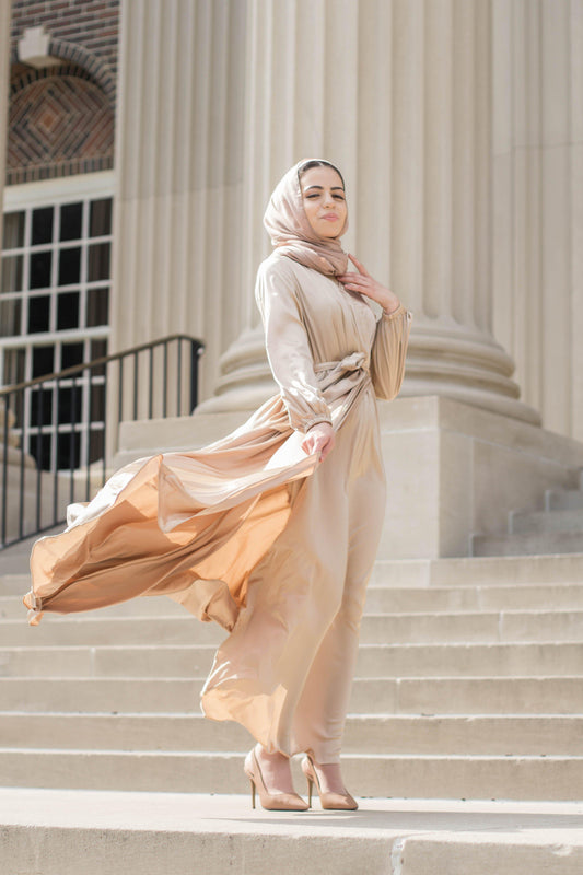 Modest Satin Dress - Gold Champagne