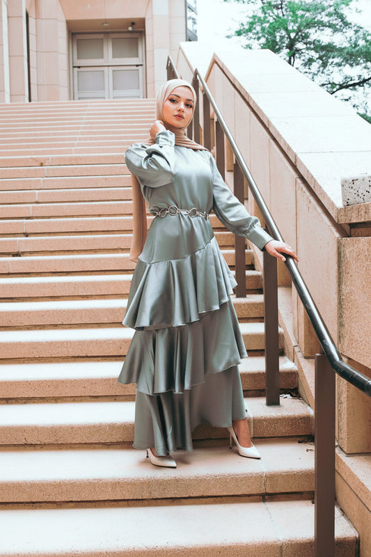 Seville Layered Satin Gown - Pale Jade