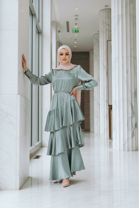 Seville Layered Satin Gown - Pale Jade