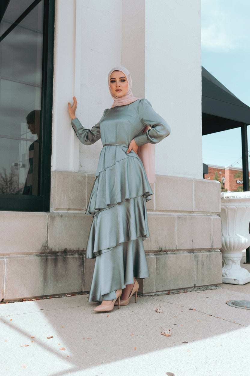 Seville Layered Satin Gown - Pale Jade