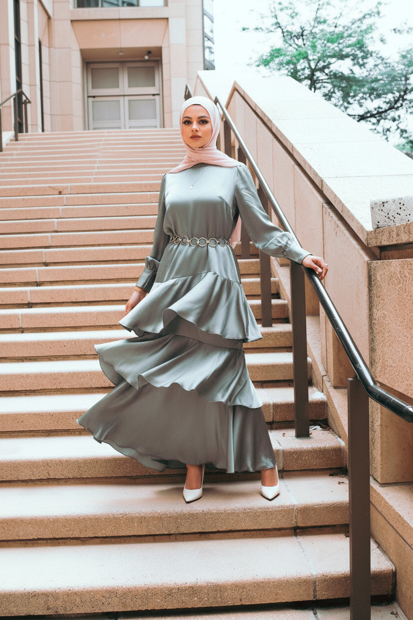 Seville Layered Satin Gown - Pale Jade