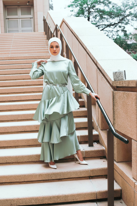 Seville Layered Satin Gown - Pale Jade