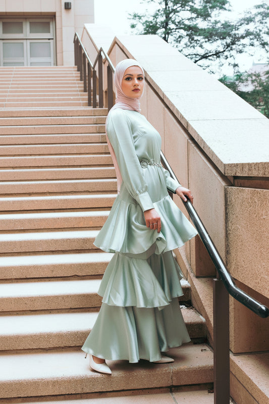 Seville Layered Satin Gown - Pale Jade