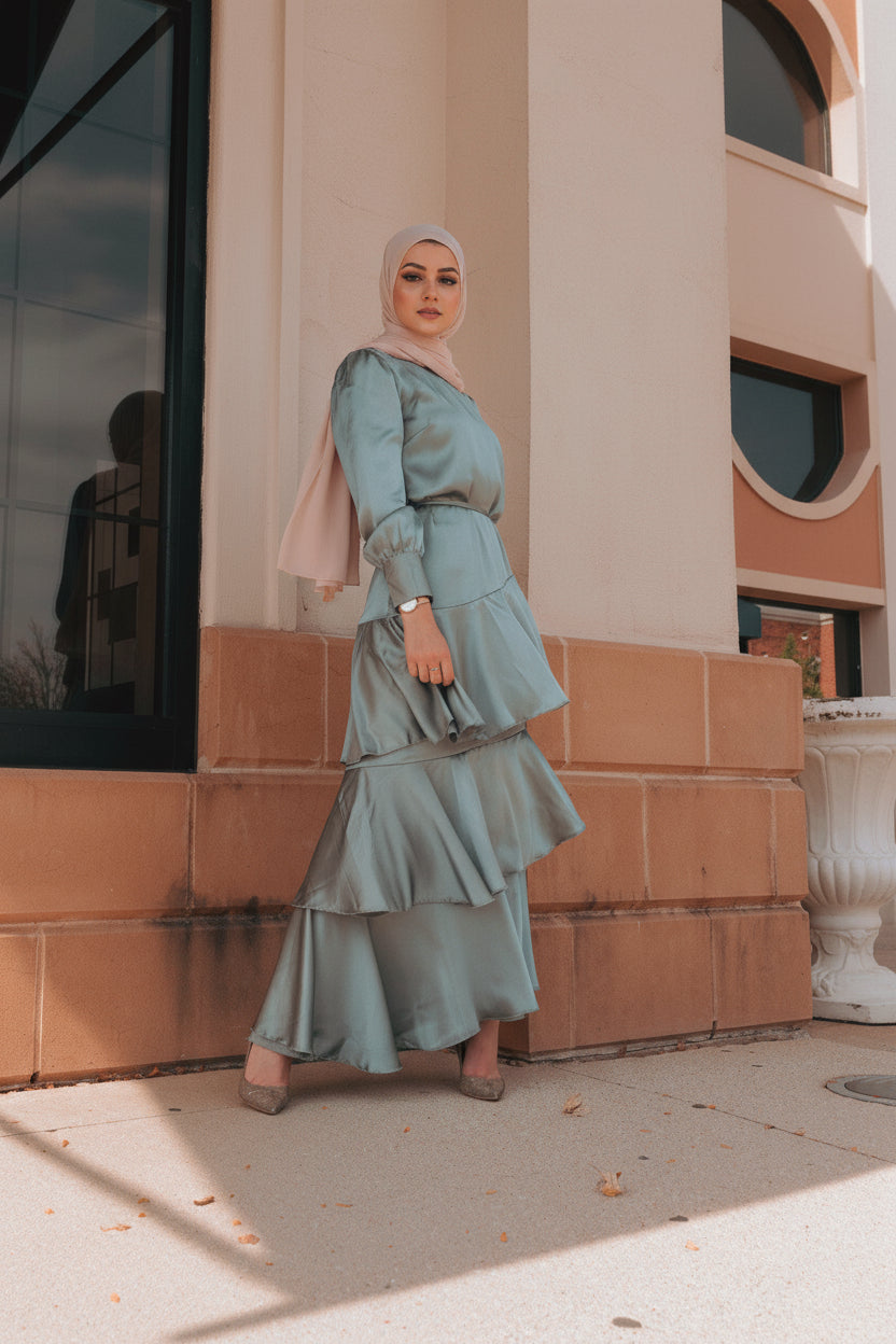 Seville Layered Satin Gown - Pale Jade