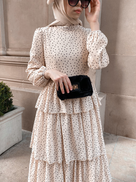 Tiered Polka Dot Maxi Dress - Sand Dunes